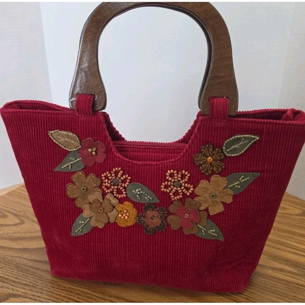 EUC Cappelli Red Wine Corduroy Floral Embroidered Handle Bag Boho Hippy Fairy